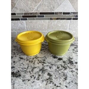 Vintage Tupperware Set of 2 Servalier Containers 886 Harvest Colors Sunburst Lid